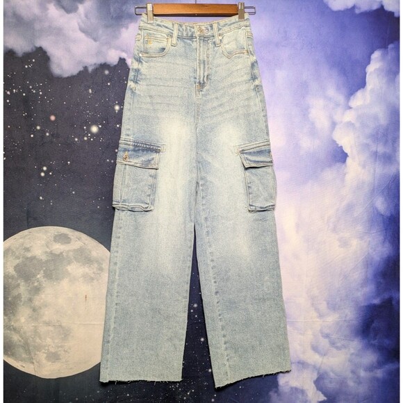 Juicy Couture Pink Logo Cargo Jeans Y2K Wide Leg Raw Hem Size 0/24 Lunita - Picture 2 of 10